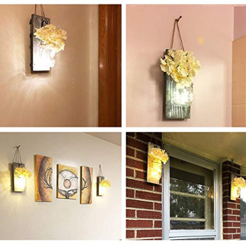 2 Stück Mason Jar LED Lichterketten,Wandleuchten Rustikale Wand Holz-Deko und Künstliche Blumen,Wandkerzenhalter LED Licht für Home Wohnzimmer Dekoration,Schlafzimmer,Glas Weihnachtsdeko (Grau) - 7