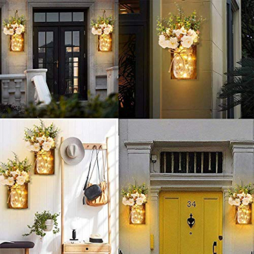 MMTX 2 Stück Mason Jar Licht, Weihnachtsdeko Wand Holzdeko mit Licht & Künstliche Blumen, Wandkerzenhalter LED Lichterkette, Chic Home Garten Decor Geschenke, Balkondeko, Schlafzimmer Deko - 3