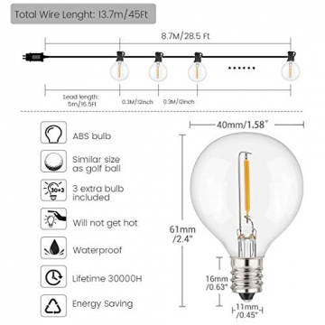 WOWDSGN 30+3 Stk. G40 Glühbirnen Lichterkette Außen, LED Glühlampen Lichterkette für Innen und Außen, Strombetrieben, Wasserdicht, keine Kitze, ideal für Weihnachtsdeko, Hochzeit, Party usw. - 7