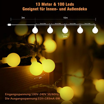 100 LED Lichterkette Außen,13 Meter Strombetrieben Lichterkette Innen Kugel mit Fernbedienung Timer, IP65 Wasserdicht Lichterkette Warmweiße für Party Weihnachten Garten und Innendeko - 6