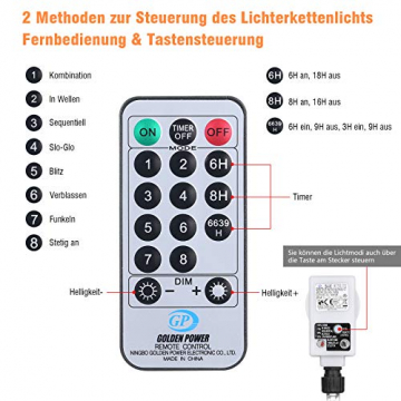 100 LED Lichterkette Außen,13 Meter Strombetrieben Lichterkette Innen Kugel mit Fernbedienung Timer, IP65 Wasserdicht Lichterkette Warmweiße für Party Weihnachten Garten und Innendeko - 7