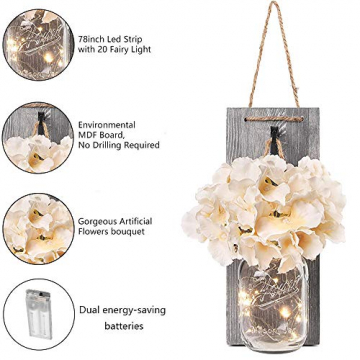 2 Rustikalen Mason Jar Lichterketten,Seide Hortensien und LED-Lichterketten Design für Zuhause Dekoration,Weihnachtsdeko,Wand Dekoration und Holz-Dekoration mit Künstliche Blumen (Grau) - 2