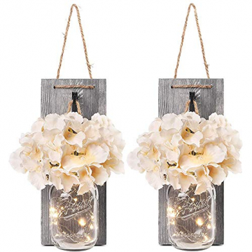 2 Rustikalen Mason Jar Lichterketten,Seide Hortensien und LED-Lichterketten Design für Zuhause Dekoration,Weihnachtsdeko,Wand Dekoration und Holz-Dekoration mit Künstliche Blumen (Grau) - 1