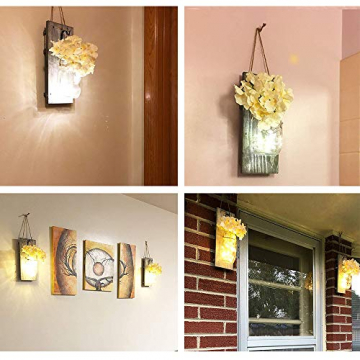 2 Rustikalen Mason Jar Lichterketten,Seide Hortensien und LED-Lichterketten Design für Zuhause Dekoration,Weihnachtsdeko,Wand Dekoration und Holz-Dekoration mit Künstliche Blumen (Grau) - 6