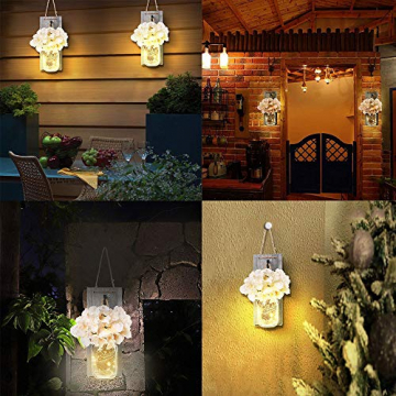 2 Rustikalen Mason Jar Lichterketten,Seide Hortensien und LED-Lichterketten Design für Zuhause Dekoration,Weihnachtsdeko,Wand Dekoration und Holz-Dekoration mit Künstliche Blumen (Grau) - 7