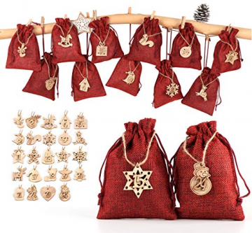 ABSOFINE 24 stück Jutesäckchen mit 24 Adventszahlen Zahlen Holz Deko Holz-Anhänger für Weihnachten Adventskalender Jutebeutel Stoffbeute Geschenksäckchen zum Befüllen(Rot) - 1