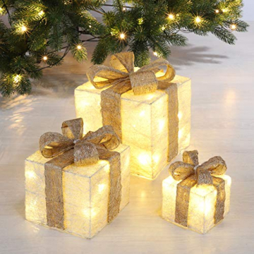 Bambelaa! 3er Led Deko Geschenke Leucht Boxen Timer Weihnachts Dekoration Weihnachtsdeko Beleuchtet Deko Weihnachten (Gold) - 2