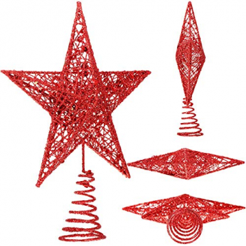 Blulu 2 Stück Metall Glitzer Weihnachtsbaum Topper Stern Baum Spitze Hohldraht Stern Topper für Christbaum Ornament, 2 Größen (Rot) - 2