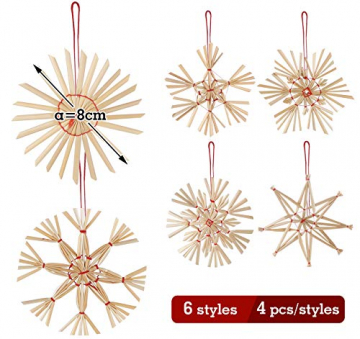 Homewit Strohstern den Weihnachtsbaum, 24 Festliche Strohsterne Set - Natürlicher Stroh-Anhänger für Christbaum-Schmuck, Weihnachtsdekoration - Ø 8cm mit Einer Schönen Holzkiste - 2