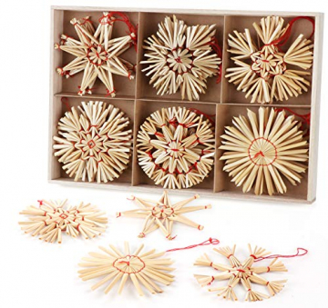 Homewit Strohstern den Weihnachtsbaum, 24 Festliche Strohsterne Set - Natürlicher Stroh-Anhänger für Christbaum-Schmuck, Weihnachtsdekoration - Ø 8cm mit Einer Schönen Holzkiste - 1