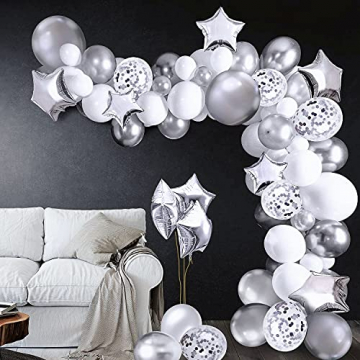 iZoeL 100Stk Silber Weiß Luftballon Girlande Kit Konfetti Luftballon + Ballongirlande Streifen für Geburtstag Mann Hochzeit Taufe Junge (Silber) (Silber) - 1
