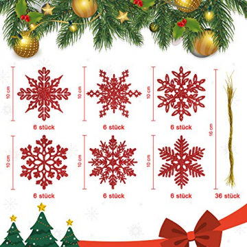 K KUMEED 36 Stück Weihnachtsbaum Deko Schneeflocken Deko Schneeflocken Christbaumschmuck Deko für den Weihnachtsbaum, Schneeflocken Weihnachtsbaum Christbaumschmuck Rot Weihnachtsbaum Schneeflocke - 2