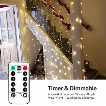 LE Lichtervorhang 3 * 3m, Lichterketten Vorhang 300 LEDs Warmweiß mit Haken und Anhänger, 8 Modi Dimmbar Kupferdraht, Lichterkette mit Stecker für Party Weihnachten Außen Innen Schlafzimmer Deko - 3