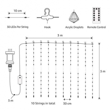 LE Lichtervorhang 3 * 3m, Lichterketten Vorhang 300 LEDs Warmweiß mit Haken und Anhänger, 8 Modi Dimmbar Kupferdraht, Lichterkette mit Stecker für Party Weihnachten Außen Innen Schlafzimmer Deko - 7