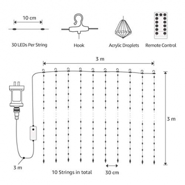 LE Lichtervorhang 3 * 3m, Lichterketten Vorhang 300 LEDs Warmweiß mit Haken und Anhänger, 8 Modi Dimmbar Kupferdraht, Lichterkette mit Stecker für Party Weihnachten Außen Innen Schlafzimmer Deko - 7