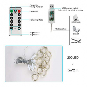 LED Lichtervorhang, Zorara 200 LEDs 3Mx2M USB Lichterkettenvorhang mit 8 Modi Fernbedien IP65 Wasserfest LELichterkette für Schlafzimmer Hochzeit Party Weihnachten Innen und außen Deko (Warmweiß) - 2