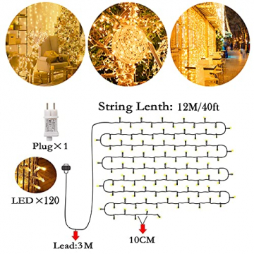 Lichterkette Außen, 12M 120 LED Lichterkette Weihnachten Netzkabel mit 8 Modi, Wasserdichte IP44 + IP65 für Weihnachtsbaum, Tannenbaum, Partys, Hochzeit Deko, Warmweiß - 6