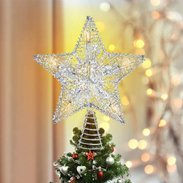 Luxspire Weihnachtsbaumspitze Stern, Glitzerstern Weihnachtsbaum Topper Batteriebetriebener Christbaumspitze Beleuchtete Metall Baumspitze LED Baumkronen Deko Licht Tannenbaum Weihnachtsdeko, Silber - 1