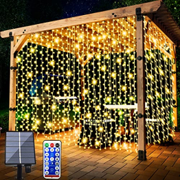 Solar Lichtervorhang Aussen, FANSIR 3 X 3m 300 LED Lichterketten Vorhang 8 Modi Fernbedienung Wasserdicht Solar Lichterketten Aussen für Gartendeko Balkon Hochzeit Weihnachten Innen (Warmweiß) - 1