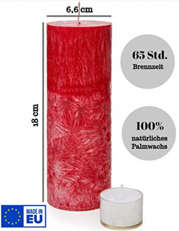 SOLUMAR | Premium Kerze Rot - Natürliche Handgemachte Palm Kerze mit speziellem Baumwolldocht - Auch für Allergiker - Brenndauer 65 Std. - 18 x 6,5 cm - Durchgefärbt - EU Made - (Gratis Teelichter) - 2