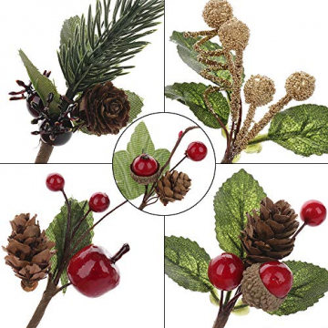 VKTY Weihnachtsblumen-Arrangement, 20 Stück, künstliche Tannenzapfen, Beeren-Stiele, Deko, Blumensträuße, Siehe Abbildung - 1