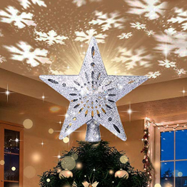 Weihnachtsbaumspitze Stern mit LED Projektion von dynamischen Schneeflocke Lichteffekte, Silber glitzende Christbaumspitze Weihnachtsbaumdeko, Netzteilbetriebene Baumspitze Stern Weihnachtsbaumschmuck - 1
