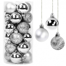 Yisscen Weihnachtskugeln Baumschmuck, Christbaumkugeln, Dekokugeln Weihnachten, Matt Glänzend Glitzernd Dekokugeln, Baumkugeln für Weihnachten Hochzeitsfest Dekoration, 24 Stück (Silber) - 1