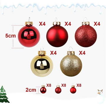Yorbay Weihnachtskugeln 44er Set Christbaumkugeln aus Glas mit Aufhänger, Weihnachtsdeko für Weihnachten, Weihnachtsbaum, Tannenbaum, Christmasbaum(Mehrweg) (Rot+Gold) - 2