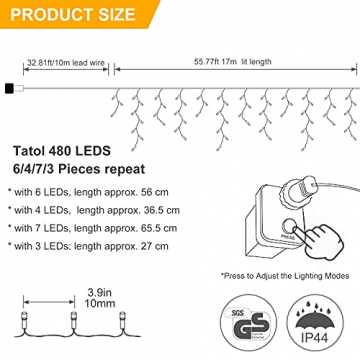 [480 LED] Lichterkette, 17M 8 Modi Lichterkette Außen Strom Weihnachtsbeleuchtung Wasserdicht Außen/Innen LED Lichterkette mit Memory-Funktion für Garten Balkon Weihnachtsbeleuchtung Außen, Warmweiß - 4