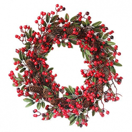 Rote Beeren Weihnachtskranz Ø 60cm, Hukz Künstlicher Türkranz Weihnachten Kranz Girlande für Haustür Deko Winter Haus Dekoration, Deko-Kranz Tannenkranz Adventskranz Weihnachts Weihnachtsgirlande - 1