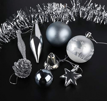 Sweelov Weihnachtsbaum Schmuck 73-teilig Weihnachtskugeln Glitzernd Kunststoff Christbaumschmuck Baumspitze Girlande und Sterne Silber/Grau/Blau, Ø6/4cm - 4