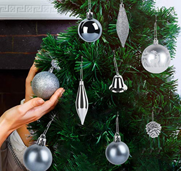 Sweelov Weihnachtsbaum Schmuck 73-teilig Weihnachtskugeln Glitzernd Kunststoff Christbaumschmuck Baumspitze Girlande und Sterne Silber/Grau/Blau, Ø6/4cm - 5