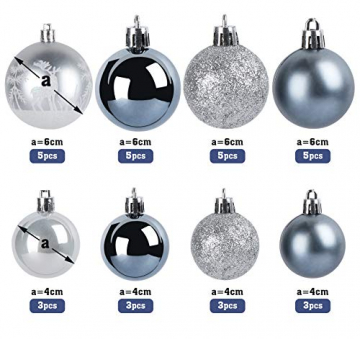 Sweelov Weihnachtsbaum Schmuck 73-teilig Weihnachtskugeln Glitzernd Kunststoff Christbaumschmuck Baumspitze Girlande und Sterne Silber/Grau/Blau, Ø6/4cm - 6