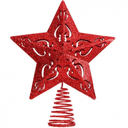 10 Zoll Glitzer Weihnachtsbaum Spitze Hohl Weihnachten Stern Baum Krone für Weihnachten Schmuck und Weihnachten Dekoration (Rot) - 1