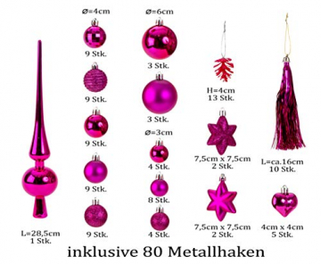 100 teiliges Set Weihnachtskugel Lamettini Lametta Anhänger Christbaumspitze (Pink) - 3