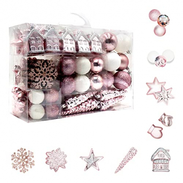 113 Stück Christbaumkugeln Set Weihnachtskugeln aus Kunststoff Rosa und Weiß Baumschmuck Weihnachtsbaum Deko & Christbaumschmuck in unterschiedlichen Größen und Designs Rosa und Weiß - 1