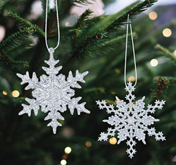 36 Stück Schneeflocken Weihnachten Deko Anhänger, Kunststoff Weihnachtsbaumschmuck Set Schneeflockendeko für Weihnachtsbaum Glitzer Christbaumschmuck Silber - 2