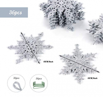 36 Stück Schneeflocken Weihnachten Deko Anhänger, Kunststoff Weihnachtsbaumschmuck Set Schneeflockendeko für Weihnachtsbaum Glitzer Christbaumschmuck Silber - 3