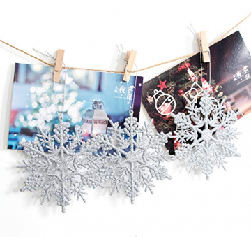 36 Stück Schneeflocken Weihnachten Deko Anhänger, Kunststoff Weihnachtsbaumschmuck Set Schneeflockendeko für Weihnachtsbaum Glitzer Christbaumschmuck Silber - 4