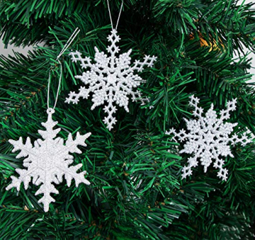 36 Stück Schneeflocken Weihnachten Deko Anhänger, Kunststoff Weihnachtsbaumschmuck Set Schneeflockendeko für Weihnachtsbaum Glitzer Christbaumschmuck Silber - 5