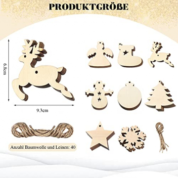 40 Stück Kleine Anhänger Holz Weihnachten, Weihnachtsbaum Anhänger DIY Weihnachtsdekoration Holz Weihnachten Deko Schneeflocke Stern Sock Schneemann Elch Weihnachtsbaum Engel für Weihnachtsbaum - 2