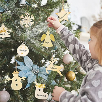 40 Stück Kleine Anhänger Holz Weihnachten, Weihnachtsbaum Anhänger DIY Weihnachtsdekoration Holz Weihnachten Deko Schneeflocke Stern Sock Schneemann Elch Weihnachtsbaum Engel für Weihnachtsbaum - 6