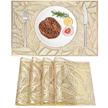 4er Set PVC Platzset, Abwaschbar Tischsets, rutschfeste Platzsets, Gold Tischsets, Platzdeckchen Gold für Weihnachten Party Küche Zuhause Speisetisch - 1