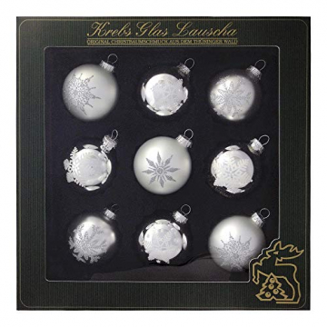 9er Set Weihnachtskugeln Christbaumkugeln Kugeln silber mit Sternen und Schneeflocken, Kugelsortiment mundgeblasener Baumschmuck aus Glas Ø ca. 8 cm - 1