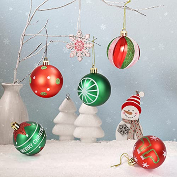 Amteker Weihnachtskugeln Kunststoff Set, 16 Stücke 6CM Christbaumkugeln, Weihnachtsbaumschmuck mit Aufhänger Weihnachtsdeko Bruchsicher, Traditionelles Thema Rot Grün Weiß - 6