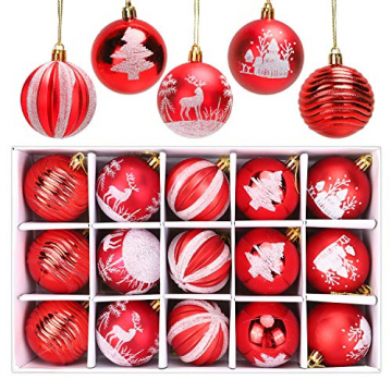 ANWING 15er Weihnachtskugeln Gemalte Christbaumkugeln 6cm Wandbehang Ornamente Weihnachtsbaum Kugeln Baumschmuck Weihnachten Anhänger für Weihnachten Hochzeitsfest Dekoration（Rot） - 1