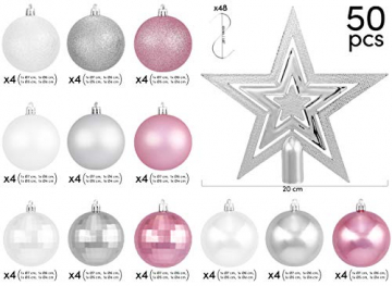 Brubaker 50-teiliges Set Weihnachtskugeln mit Baumspitze - Christbaumschmuck aus Kunststoff in Rosa, Weiß und Silber - 3
