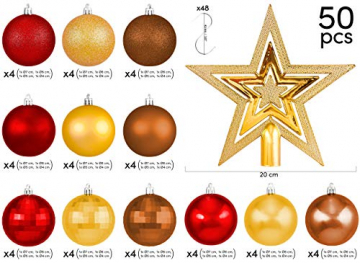 Brubaker 50-teiliges Set Weihnachtskugeln mit Baumspitze - Christbaumschmuck aus Kunststoff in Rot Gold Braun - 3