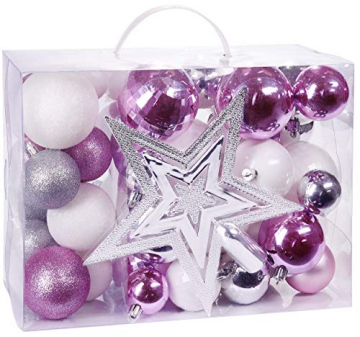 Brubaker 50-teiliges Set Weihnachtskugeln mit Baumspitze - Christbaumschmuck aus Kunststoff in Rosa, Weiß und Silber - 2