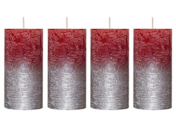 Candelo 4er Set Kerzen Ambiente Rustic Stumpenkerzen - Rot Metallic Silber - große Kerze 14cm - lange Brenndauer ca. 63 Stunden Weihnachtskerzen für Adventskranz - 1
